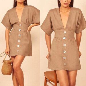 NWT Reformation Ty Button-Embellished Linen Kimono Sleeve Mini Dress Khaki